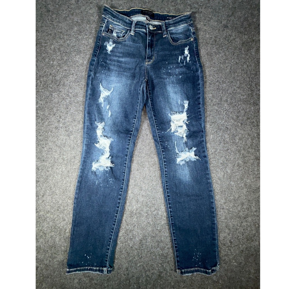 Judy Blue Boyfriend Fit Distressed Paint Splatter Jeans Dark Wash Womens 7/28